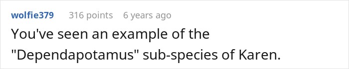 Social media comment calling an entitled customer a Dependapotamus regarding military discount demands. Social media comment calling an entitled customer a Dependapotamus regarding military discount demands.