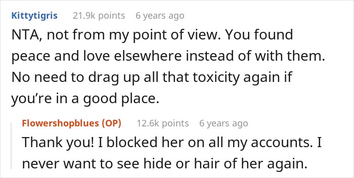 Reddit comment supporting a woman who had a reason to walk away from her favorite daughter sister. Reddit comment supporting a woman who had a reason to walk away from her favorite daughter sister.