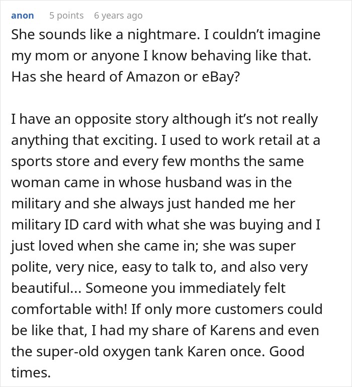 User comment sharing a story about a polite military spouse using her military discount in retail User comment sharing a story about a polite military spouse using her military discount in retail