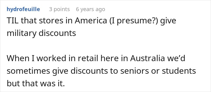 Australian user comment expressing surprise about American stores offering a military discount Australian user comment expressing surprise about American stores offering a military discount