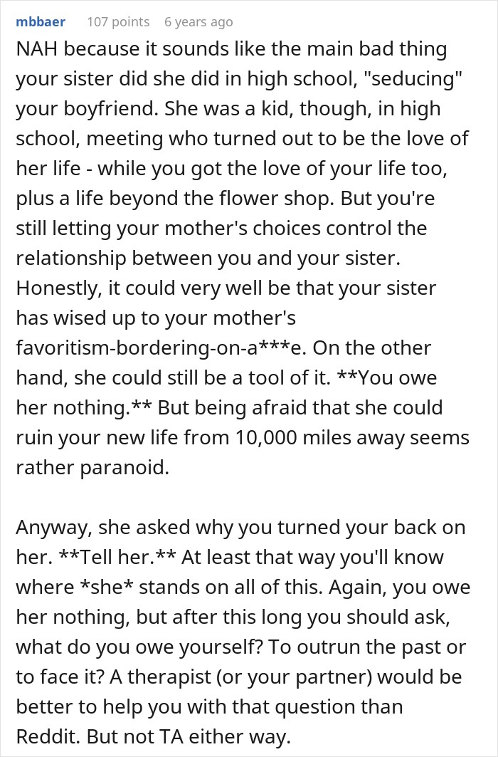 Comment discussing family dynamics and favoritism when mom's favorite daughter gets the house and business. Comment discussing family dynamics and favoritism when mom's favorite daughter gets the house and business.