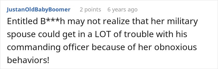 Online comment discussing a spouse misusing a military discount and causing trouble for her partner. Online comment discussing a spouse misusing a military discount and causing trouble for her partner.