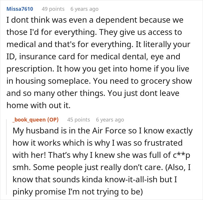 Screenshot of online comments discussing military ID rules and demanding a military discount. Screenshot of online comments discussing military ID rules and demanding a military discount.