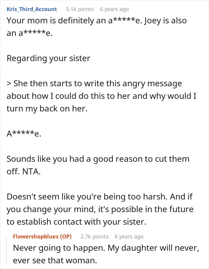 Comments validating a user's decision to walk away from her mom and favorite daughter sister. Comments validating a user's decision to walk away from her mom and favorite daughter sister.