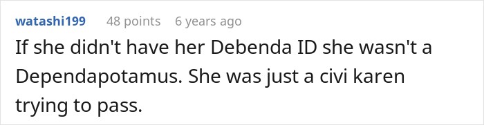 User comment discussing dependent IDs and military discount entitlement. User comment discussing dependent IDs and military discount entitlement.