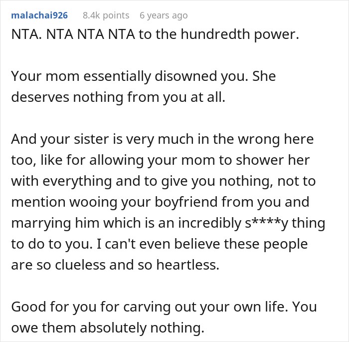 Online comment advising a person to walk away for good after mom’s favorite daughter gets the house. Online comment advising a person to walk away for good after mom’s favorite daughter gets the house.