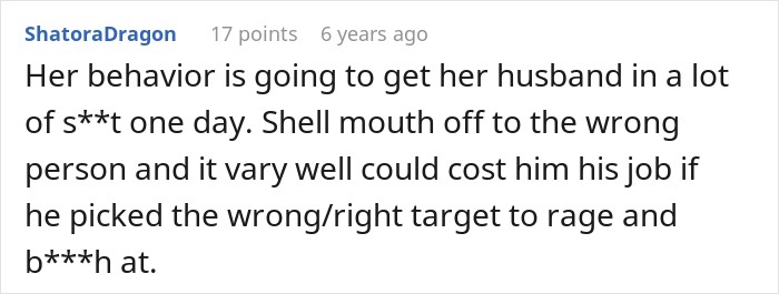 Online comment criticizing a woman's behavior regarding a military discount dispute. Online comment criticizing a woman's behavior regarding a military discount dispute.