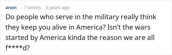 User comment questioning military service in a thread about a military discount argument. User comment questioning military service in a thread about a military discount argument.