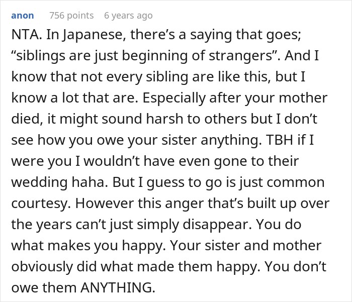 Online comment advising user they owe nothing to mom's favorite daughter after family dispute over house and business. Online comment advising user they owe nothing to mom's favorite daughter after family dispute over house and business.