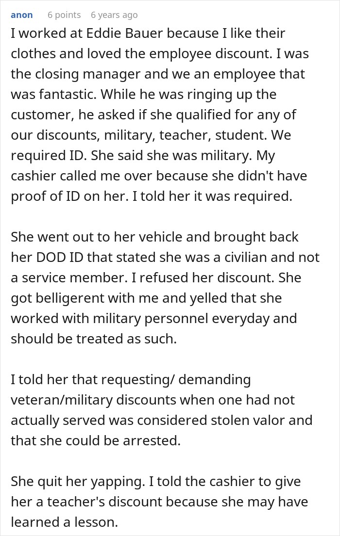 Retail manager describes a customer demanding a military discount without proper ID. Retail manager describes a customer demanding a military discount without proper ID.