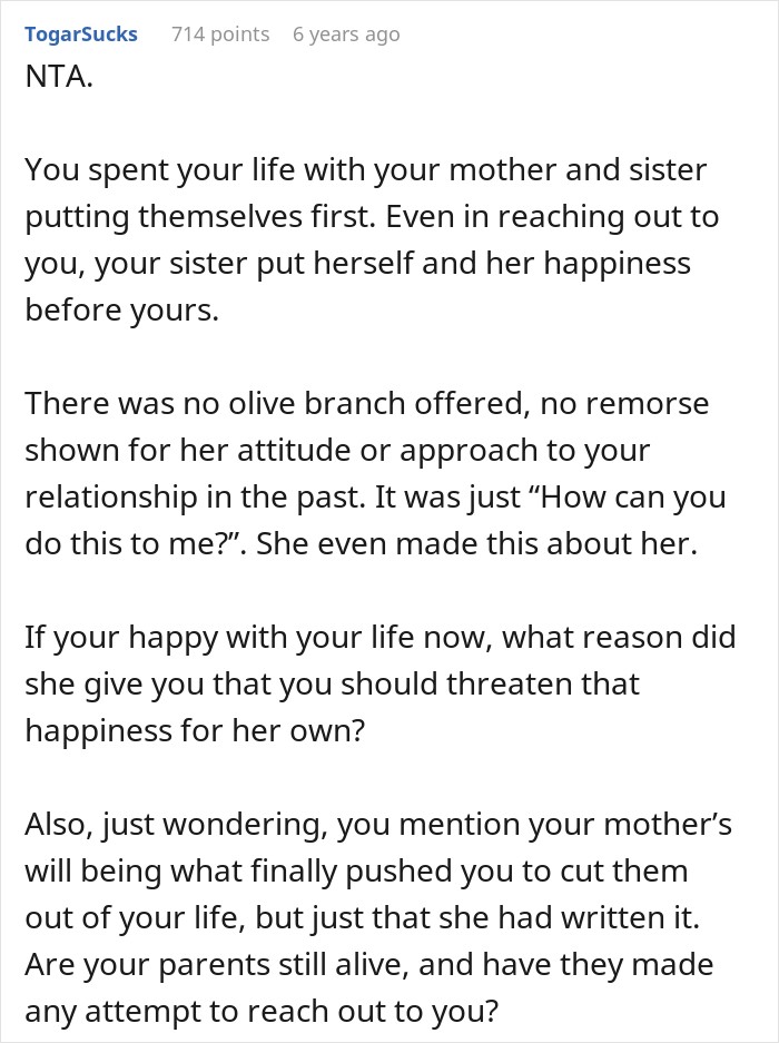 Social media response supporting poster cut off from family after mom's favorite daughter gets the house and business. Social media response supporting poster cut off from family after mom's favorite daughter gets the house and business.