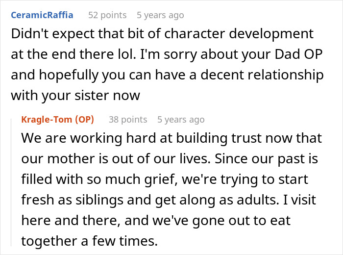 A comment thread showing reconciliation between siblings after the events in a teen works to buy first car narrative. A comment thread showing reconciliation between siblings after the events in a teen works to buy first car narrative.