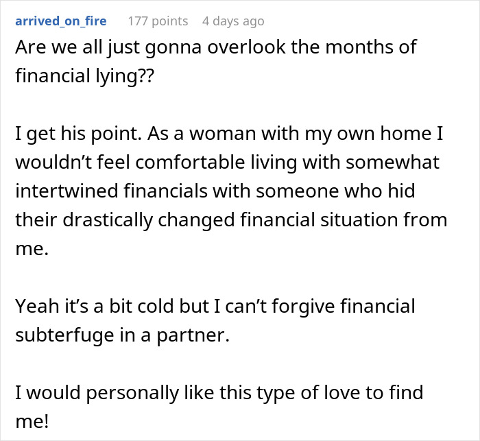 Social media post discussing financial lying and trust issues in a couple's relationship. Social media post discussing financial lying and trust issues in a couple's relationship.