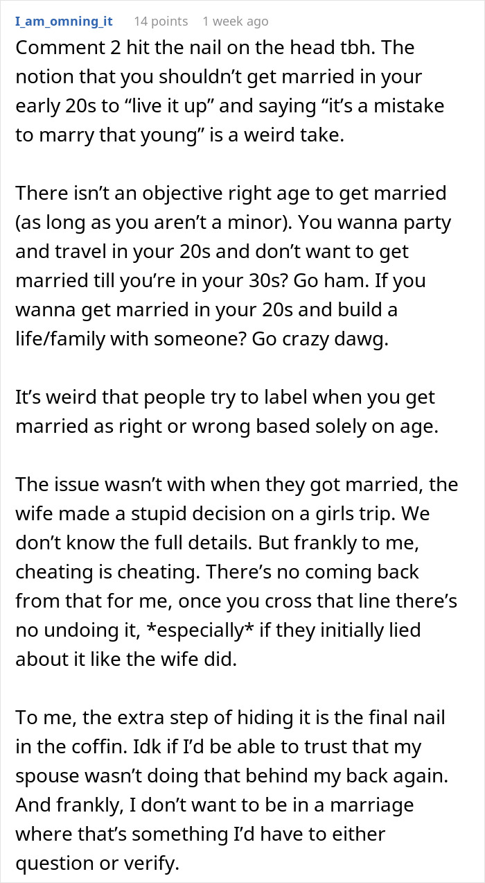 Screenshot of online comment discussing relationship choices and consequences after a girls trip