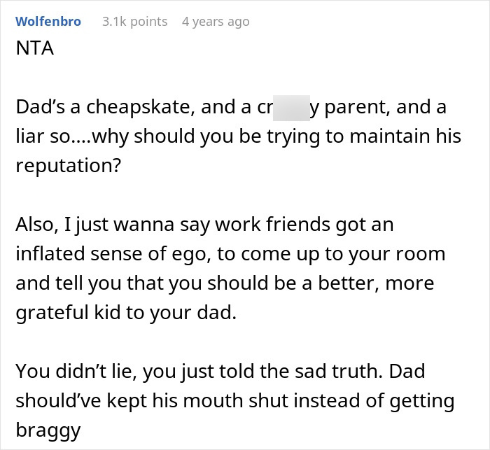 An online comment supporting a daughter who exposes her braggy dad to his work friends An online comment supporting a daughter who exposes her braggy dad to his work friends