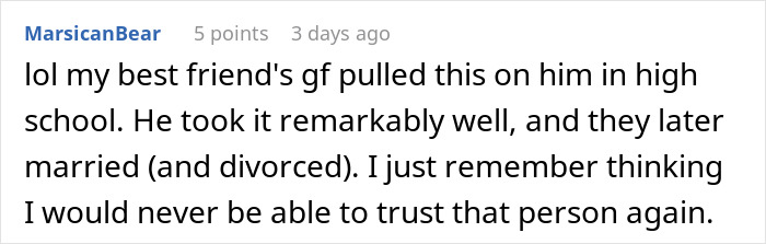 Reddit comment discussing trust issues after a woman tricked BF into believing she is pregnant. Reddit comment discussing trust issues after a woman tricked BF into believing she is pregnant.