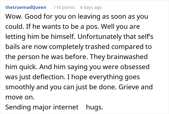 User comment supporting a woman who chose to leave her changed fiancé User comment supporting a woman who chose to leave her changed fiancé