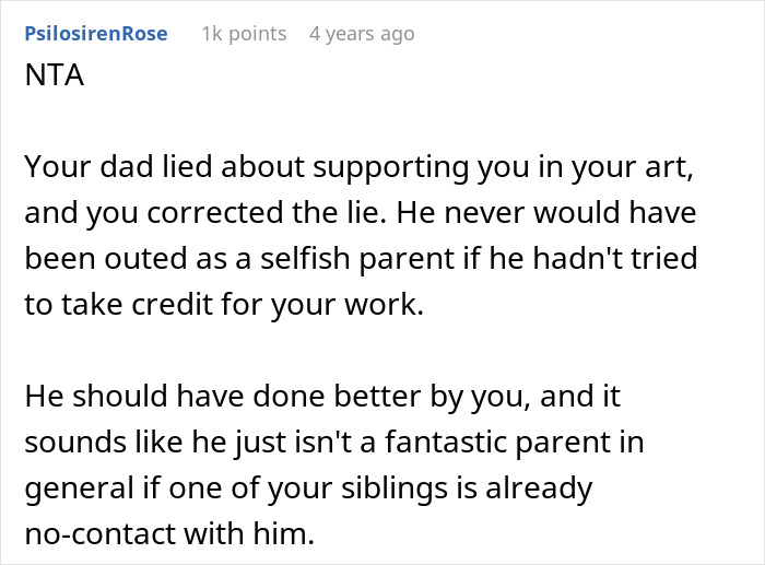 Reddit comment by PsilosirenRose stating NTA for a dad-shamed daughter Reddit comment by PsilosirenRose stating NTA for a dad-shamed daughter