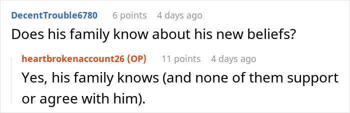 Online comments asking if his family knows about his new beliefs and if they agree. Online comments asking if his family knows about his new beliefs and if they agree.