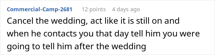 Online comment advising to cancel the wedding after discovering a fiancé’s lie. Online comment advising to cancel the wedding after discovering a fiancé’s lie.