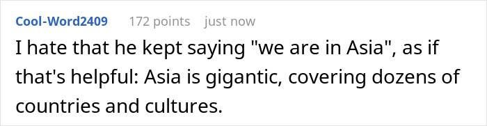 Comment criticizing vague references to Asia in wedding and family dispute