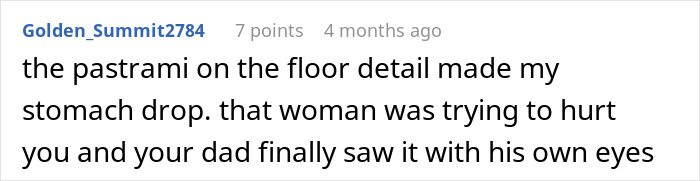 A user comment discussing the shocking details of a woman throwing away stepchild's food.