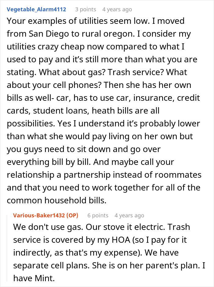 An online comment conversation explaining individual utility costs such as an electric stove and mobile plans. An online comment conversation explaining individual utility costs such as an electric stove and mobile plans.