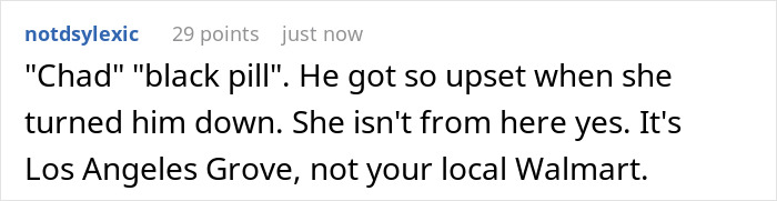 Social media comment criticizing a manosphere supporter who got upset after a woman turned him down.