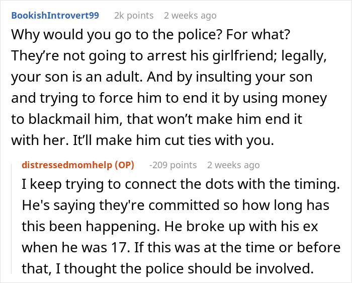 Reddit comment exchange where a mom is losing sleep over her adult son's relationship. Reddit comment exchange where a mom is losing sleep over her adult son's relationship.