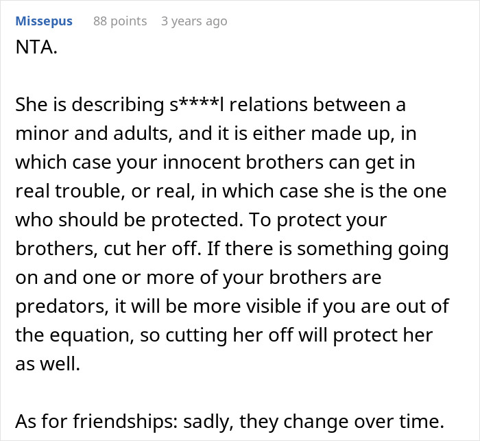 Comment warns about s****l relations in teen's fake story and advises cutting off friend for brothers' protection Comment warns about s****l relations in teen's fake story and advises cutting off friend for brothers' protection