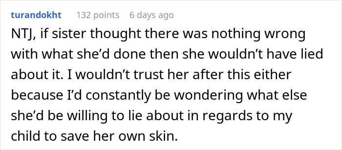 Comment discussing trust issues after an aunt leaves 8YO niece alone at school and lies. Comment discussing trust issues after an aunt leaves 8YO niece alone at school and lies.