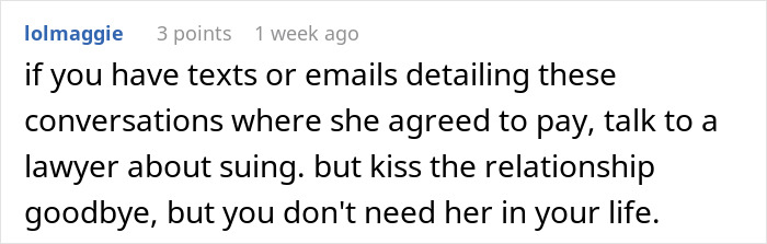 Comment recommending legal action if stepmom agreed to pay wedding bills