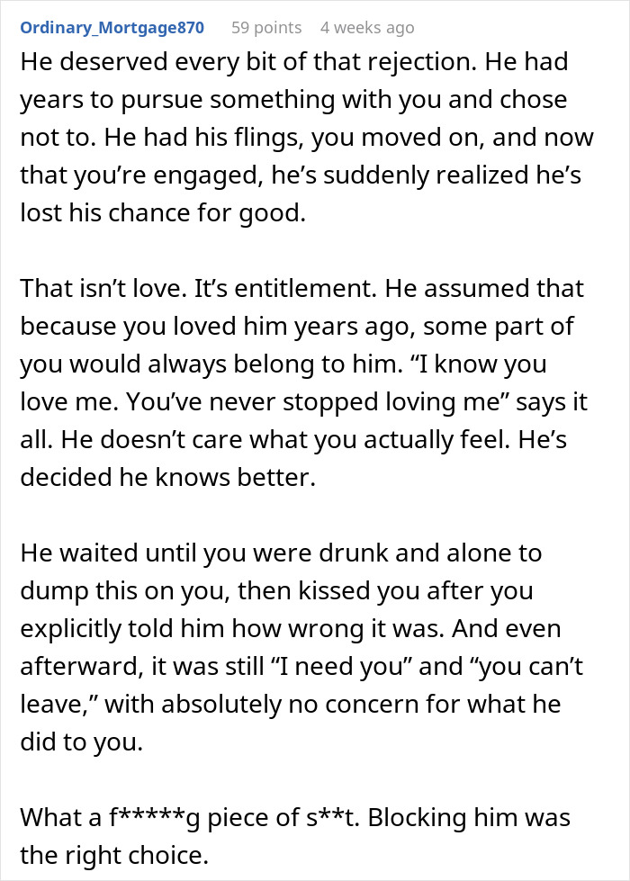Detailed online comment criticizing a guy who waits to tell bestie he loves her, calling it entitlement. Detailed online comment criticizing a guy who waits to tell bestie he loves her, calling it entitlement.