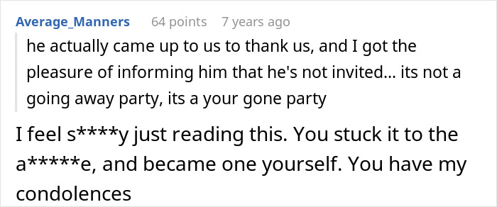Online comment criticizing an employee for being cruel to a boss who gets demoted.