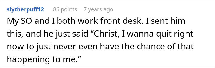 A hotel front desk worker reacting to the bridezilla ruins hotel rooms story by wanting to quit.