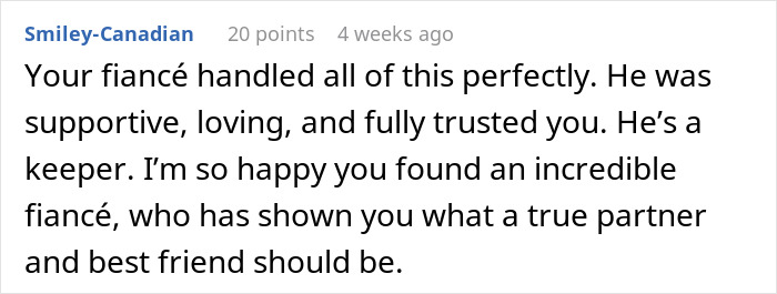 A user comment praising the fiance after a guy waits 20 years to tell his bestie he loves her. A user comment praising the fiance after a guy waits 20 years to tell his bestie he loves her.