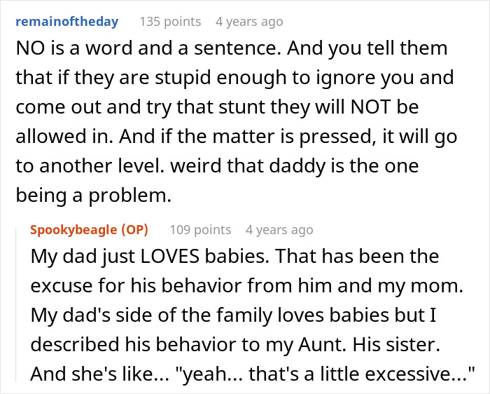 Reddit comments exploring family dynamics, with a woman setting a clear boundary with her dad over visiting. Reddit comments exploring family dynamics, with a woman setting a clear boundary with her dad over visiting.