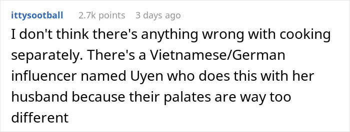 Comment discussing cultural cuisine differences between couples cooking separate meals. Comment discussing cultural cuisine differences between couples cooking separate meals.