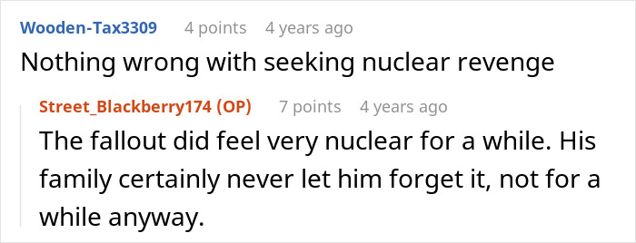 Reddit comments about a user seeking petty revenge against an ex-fiance after a fallout.