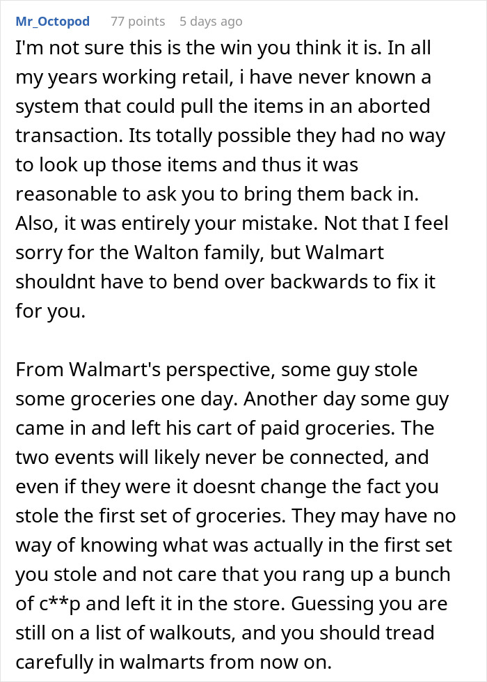 A long online comment discussing retail systems, Walmart checkout errors, and walkout lists. A long online comment discussing retail systems, Walmart checkout errors, and walkout lists.