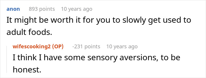 Online discussion about sensory aversions related to a man’s dislike for wife’s cultural cuisine. Online discussion about sensory aversions related to a man’s dislike for wife’s cultural cuisine.