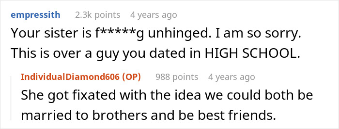 Social media reactions to a story where a guy keeps pursuing ex who rejected him at 18 with sister's support.
