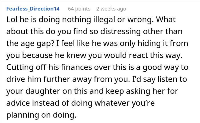 Online response regarding a mom and her son's GF, warning against cutting off finances over an age gap. Online response regarding a mom and her son's GF, warning against cutting off finances over an age gap.