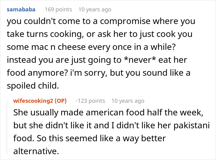 A forum comment debate regarding a husband's dislike for his wife's cultural cuisine like Pakistani food. A forum comment debate regarding a husband's dislike for his wife's cultural cuisine like Pakistani food.