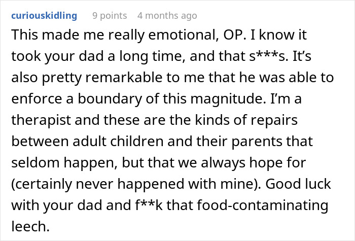 A therapist's online comment regarding a father's reaction when a woman throws away stepchild's food.