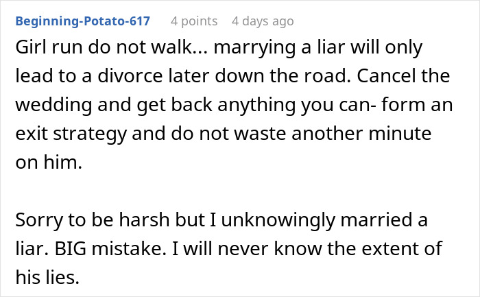 Online comment advising to cancel the wedding after discovering a fiancé lie. Online comment advising to cancel the wedding after discovering a fiancé lie.