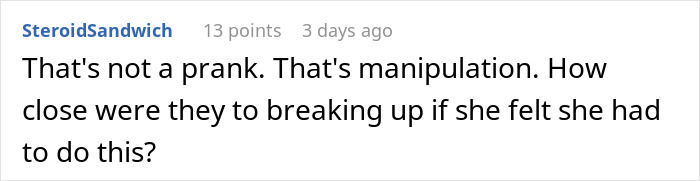 A screenshot of a online comment discussing manipulation and fake pregnancy pranks A screenshot of a online comment discussing manipulation and fake pregnancy pranks