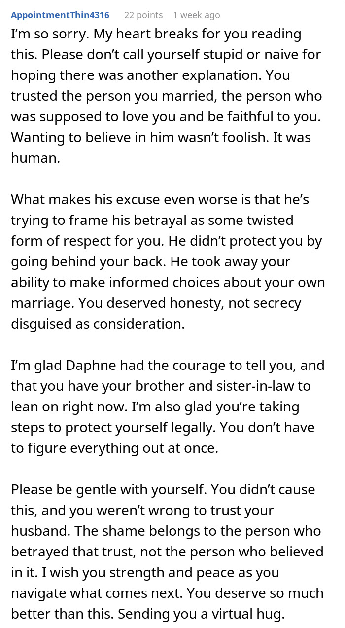 Comment offering comfort and legal advice for woman after husband's dating app betrayal