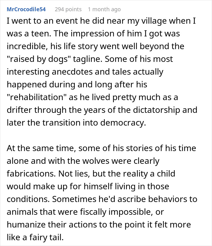 Online user comment discussing Marcos Rodriguez Pantoja, the boy raised by wolves, and his life story. Online user comment discussing Marcos Rodriguez Pantoja, the boy raised by wolves, and his life story.