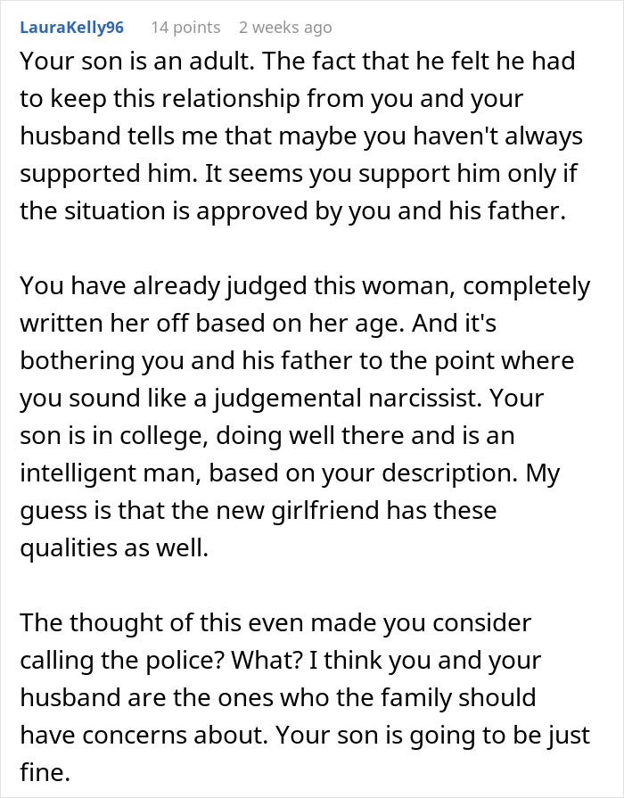 Online reaction pointing out that a mom is judging her son's girlfriend unfairly. Online reaction pointing out that a mom is judging her son's girlfriend unfairly.